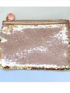 Macy’s Metallic Rose Gold Sequined Clutch Bag Case Cosmetics Travel Pouch NWOT